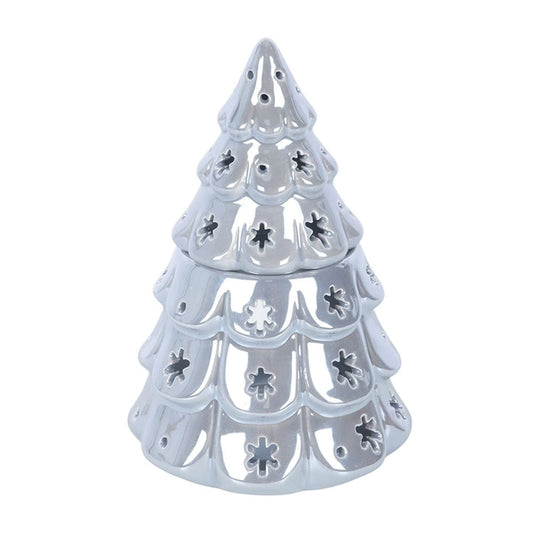 Silver ceramic Christmas tree wax melt burner with festive cut-out details