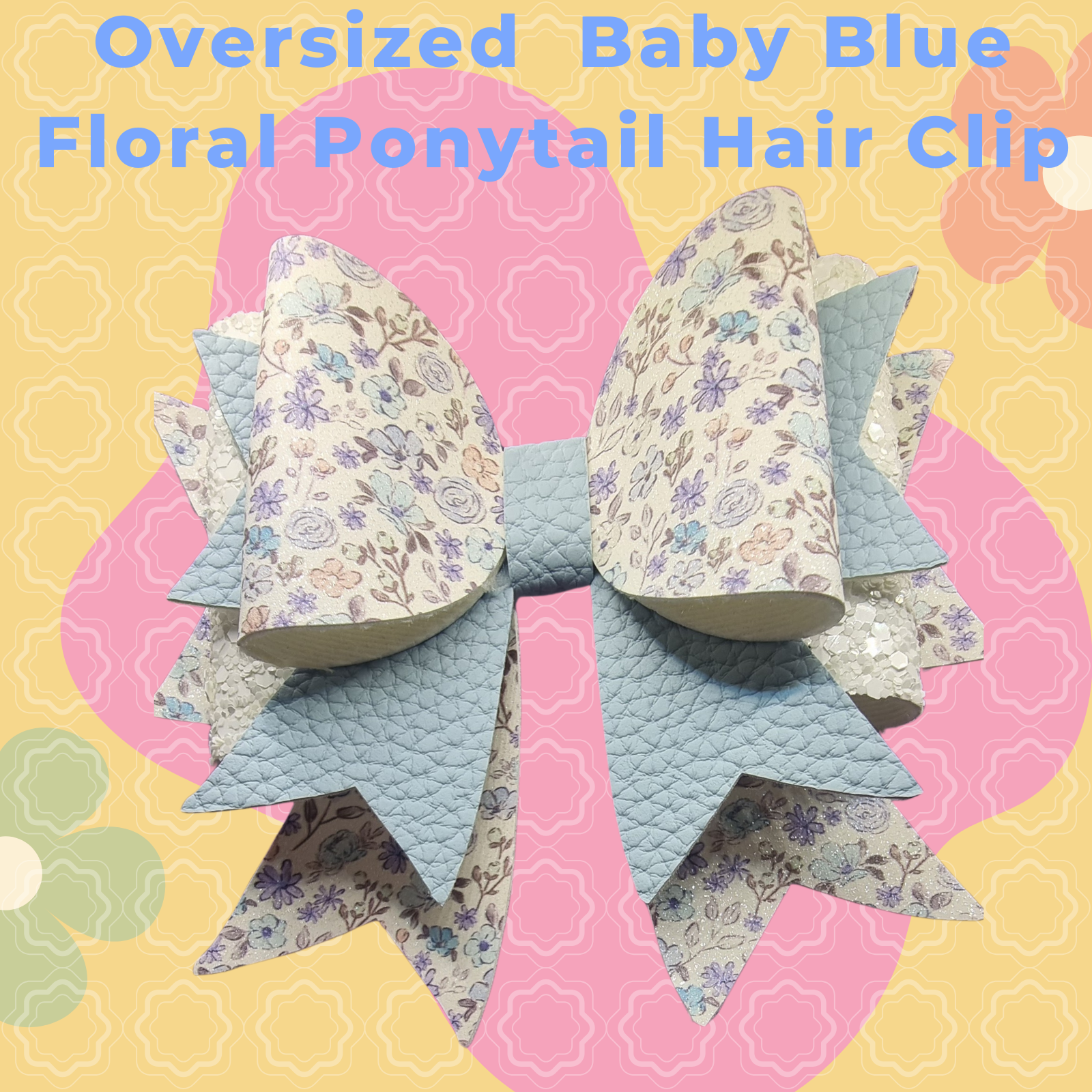 Oversized baby blue floral hair bow clip for girls