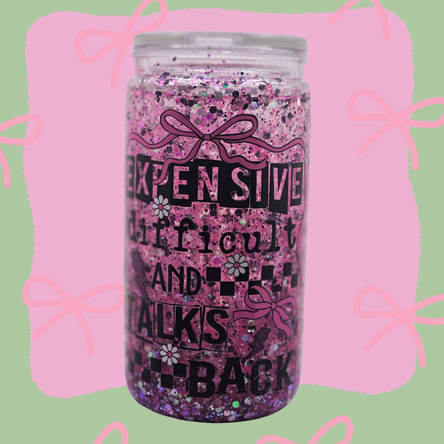 Expensive Delicious and Talks Back Pink Glitter Tumbler | 16oz Acrylic Snow Globe Cup