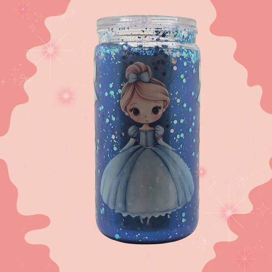 Blue Princess Glitter Tumbler – Kids 16oz Acrylic Snow Globe Cup | Cute Princess Drinkware