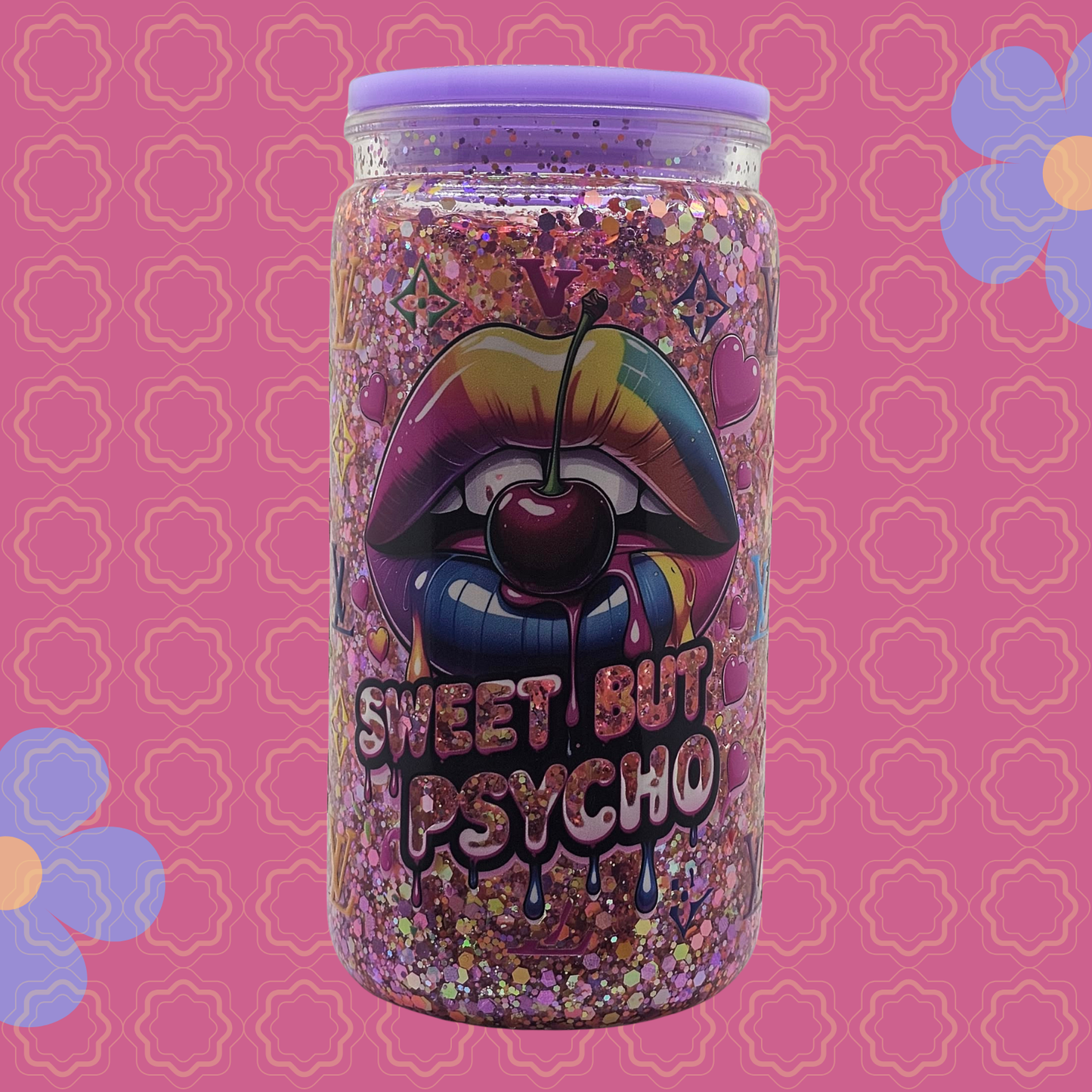 Sweet But Psycho glitter snow globe tumbler rainbow lips