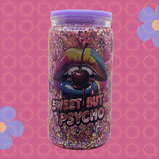 Sweet But Psycho glitter snow globe tumbler rainbow lips