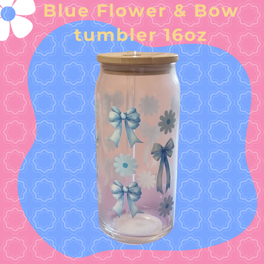 Blue bow floral glass tumbler iced coffee mug with straw