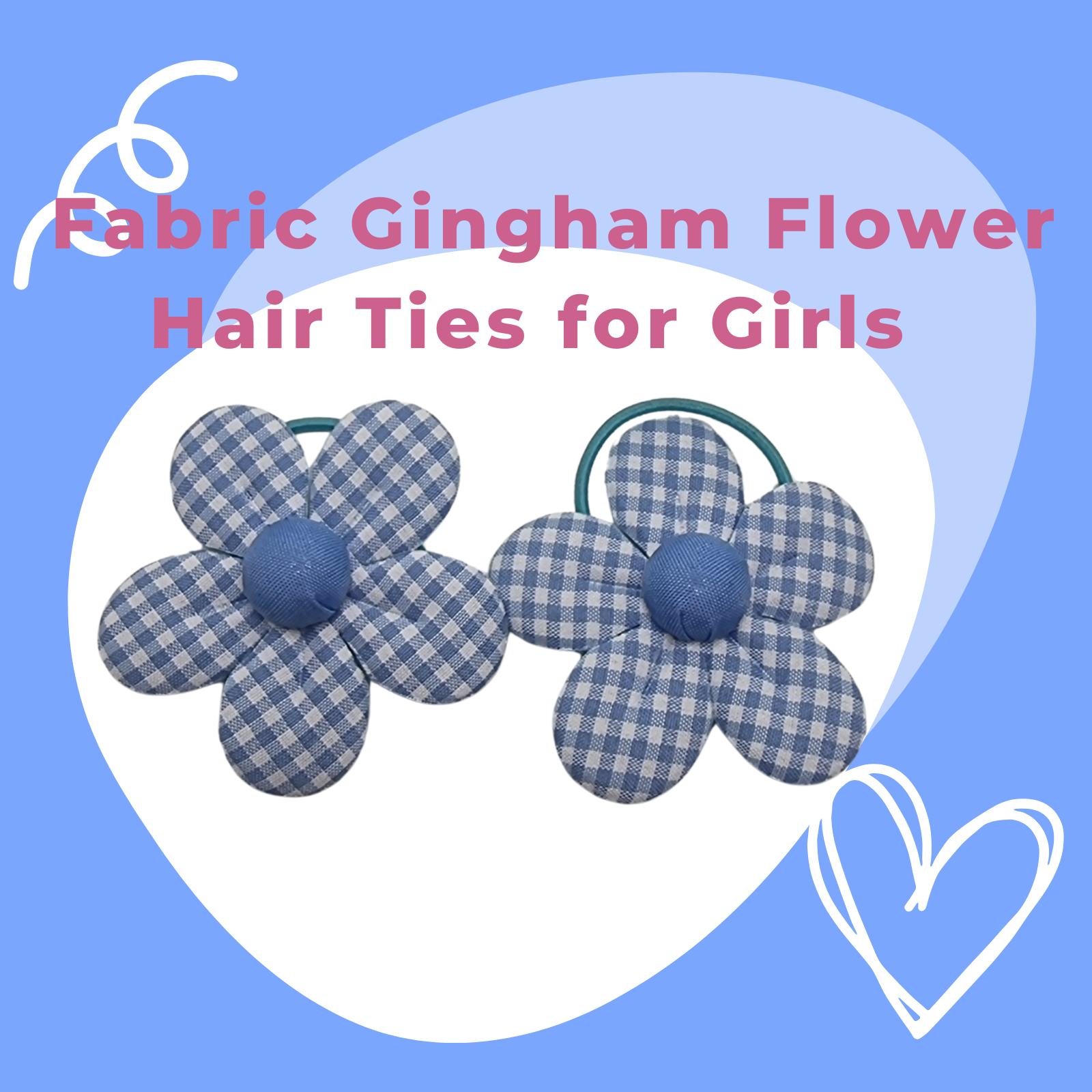 Baby blue gingham flower hair ties for girls