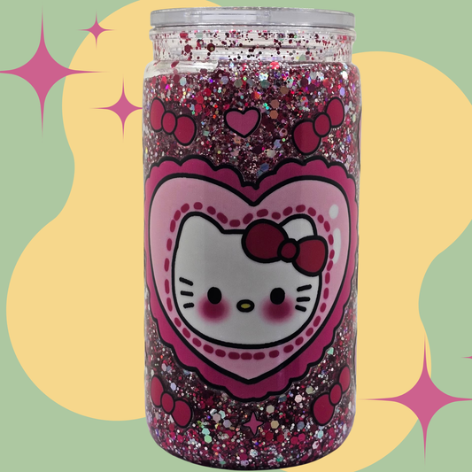 Pink glitter kitty snow globe tumbler floating sparkles