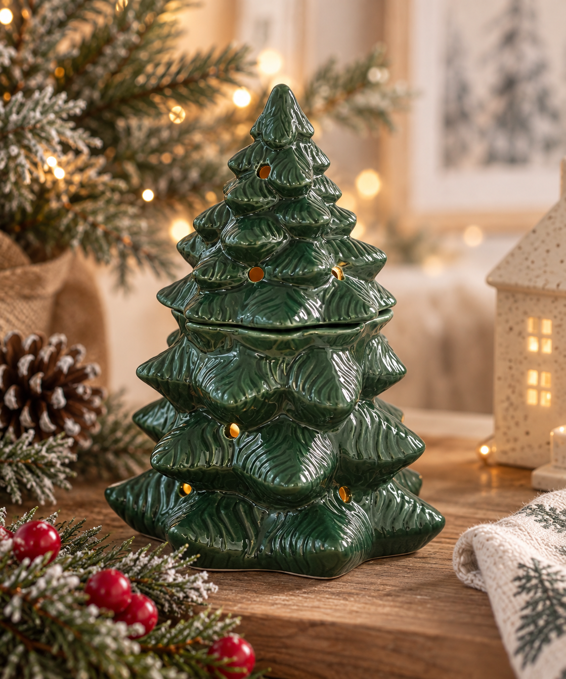 Green ceramic Christmas tree wax melt burner and wax warmer