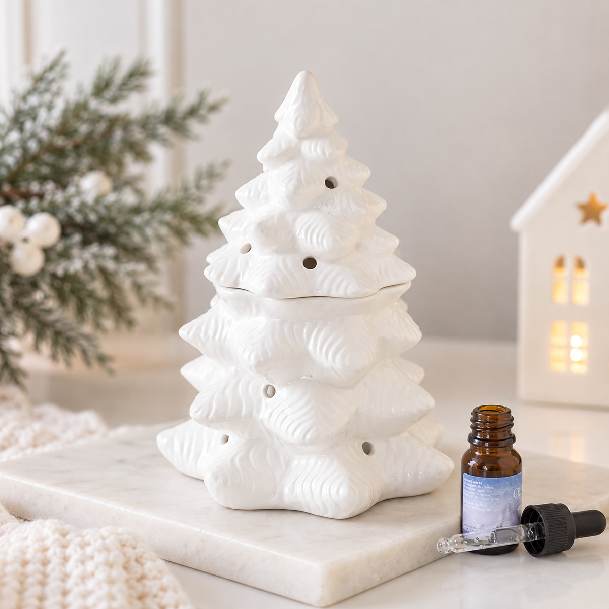 White ceramic Christmas tree wax melt burner and Christmas decoration