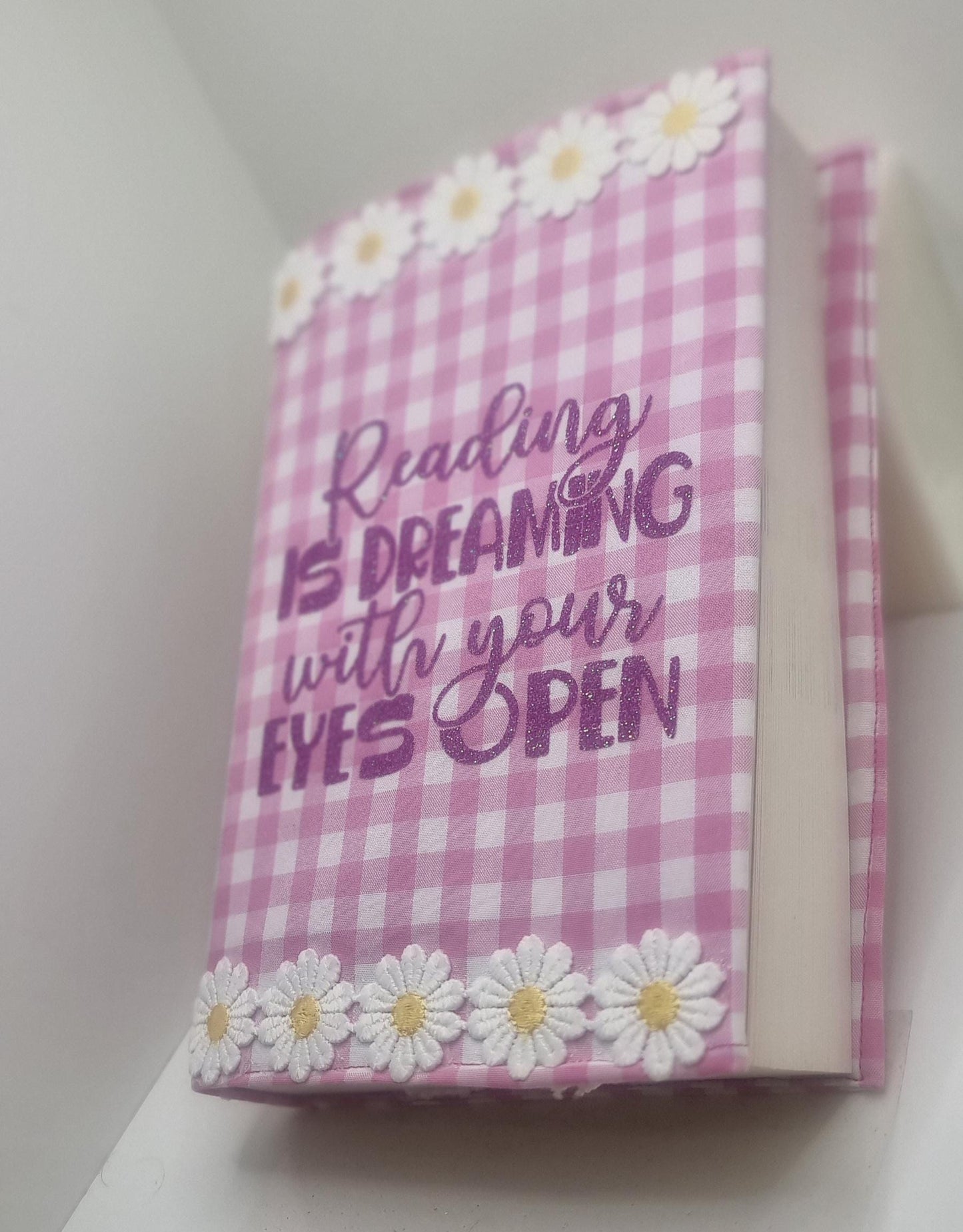 Pink Gingham Book Sleeve with Daisy Trim: Padded Floral Book Cover