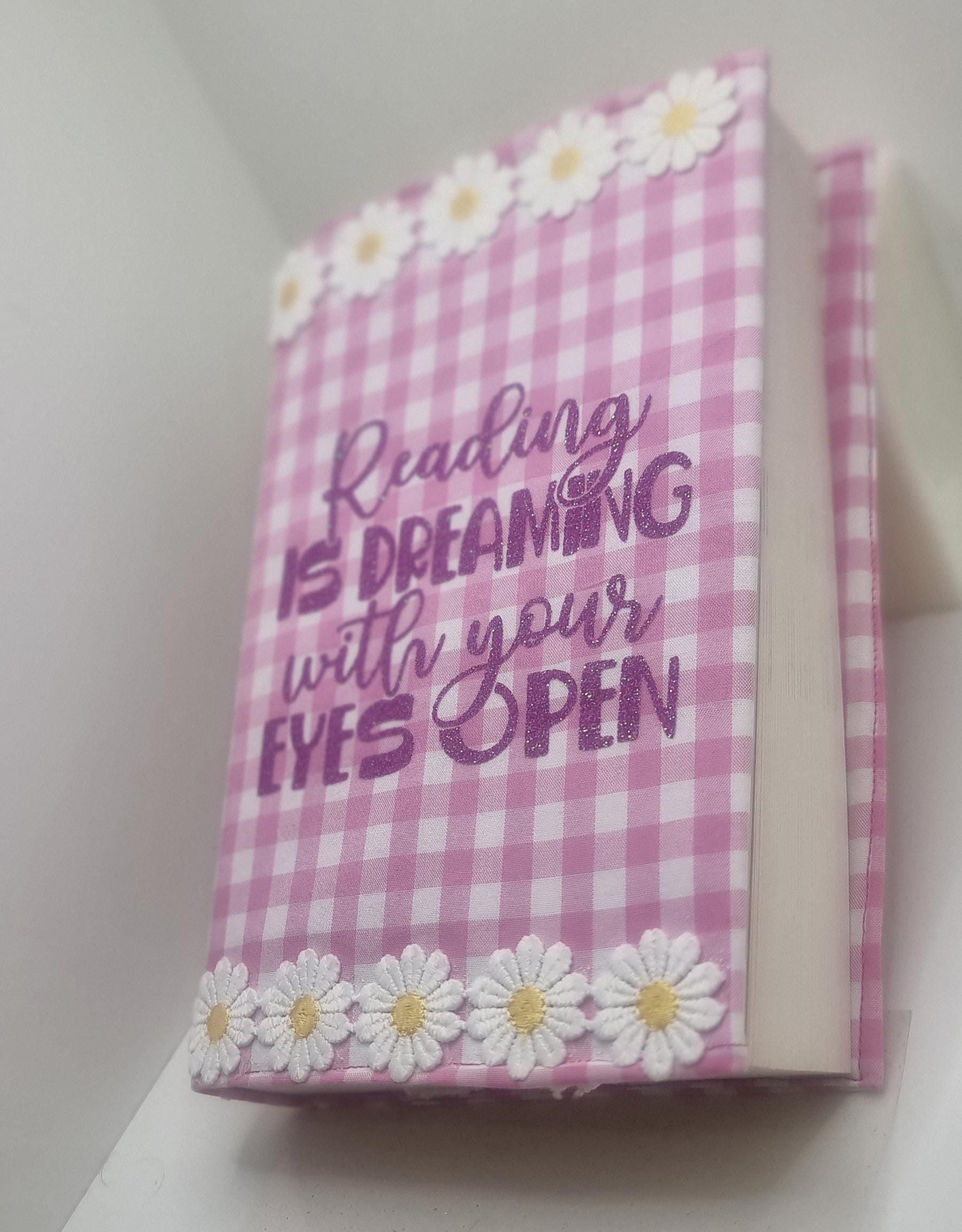 Pink Gingham Book Sleeve with Daisy Trim: Padded Floral Book Cover