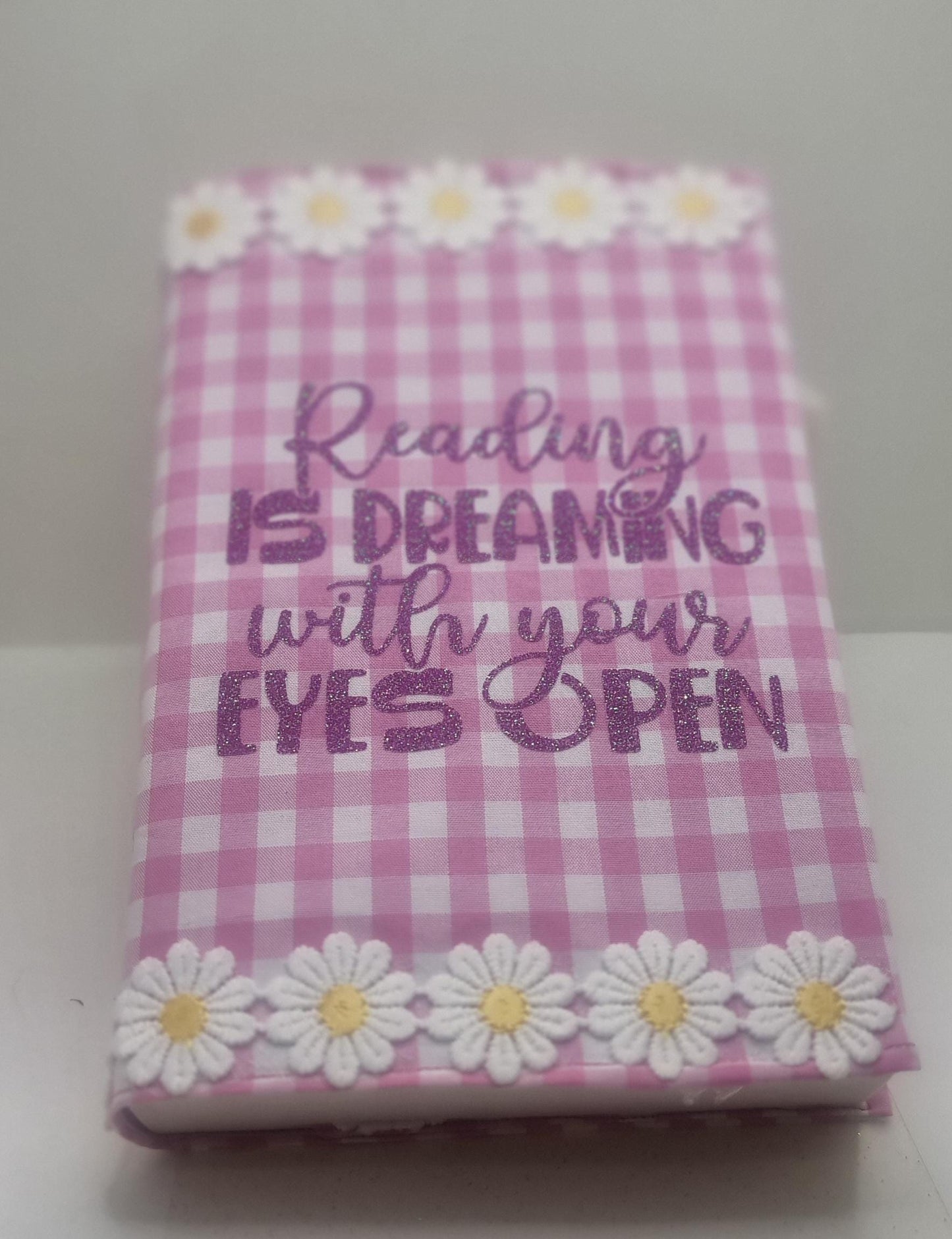 Pink Gingham Book Sleeve with Daisy Trim: Padded Floral Book Cover