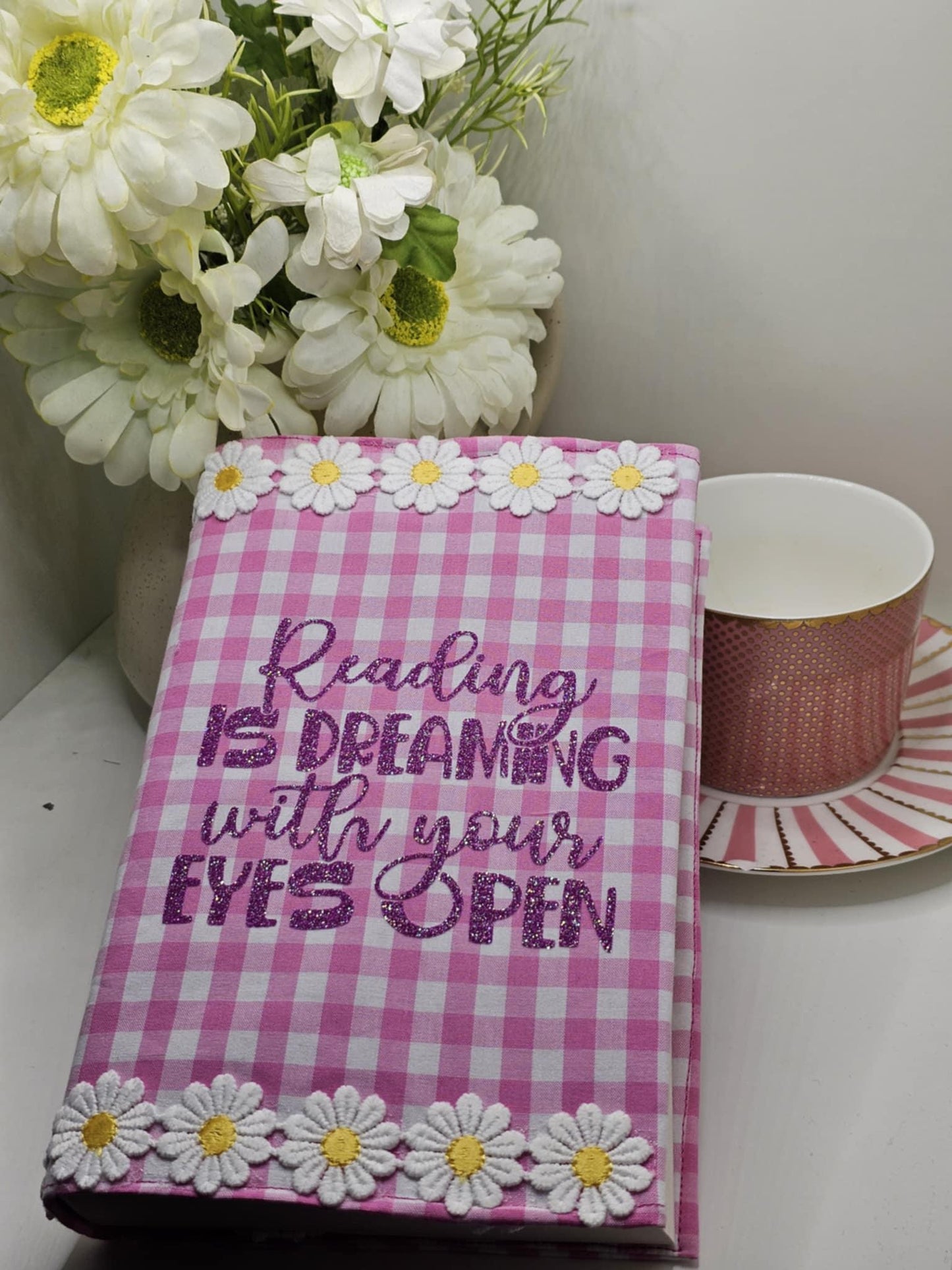 Pink Gingham Book Sleeve with Daisy Trim: Padded Floral Book Cover