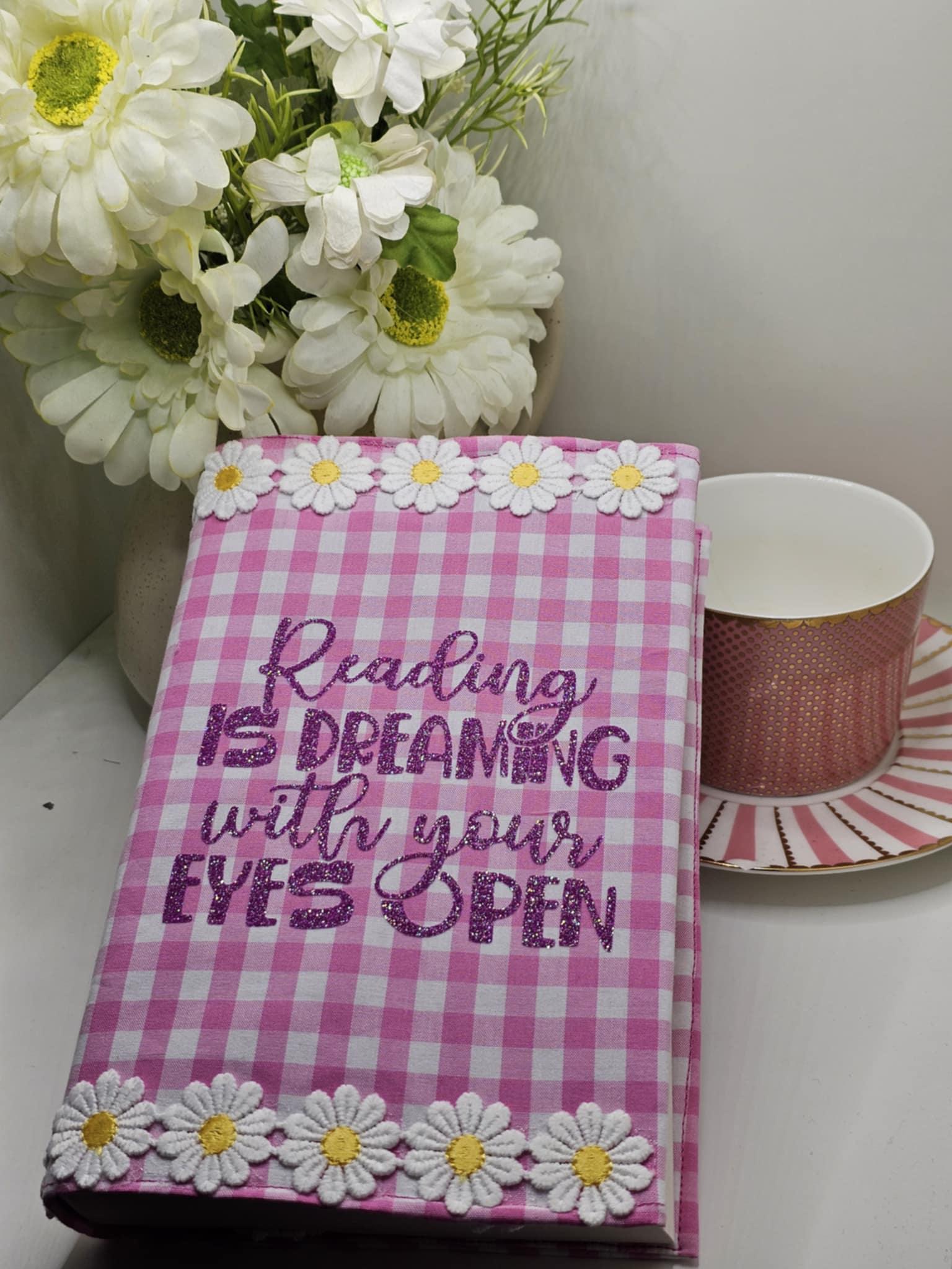 Pink Gingham Book Sleeve with Daisy Trim: Padded Floral Book Cover