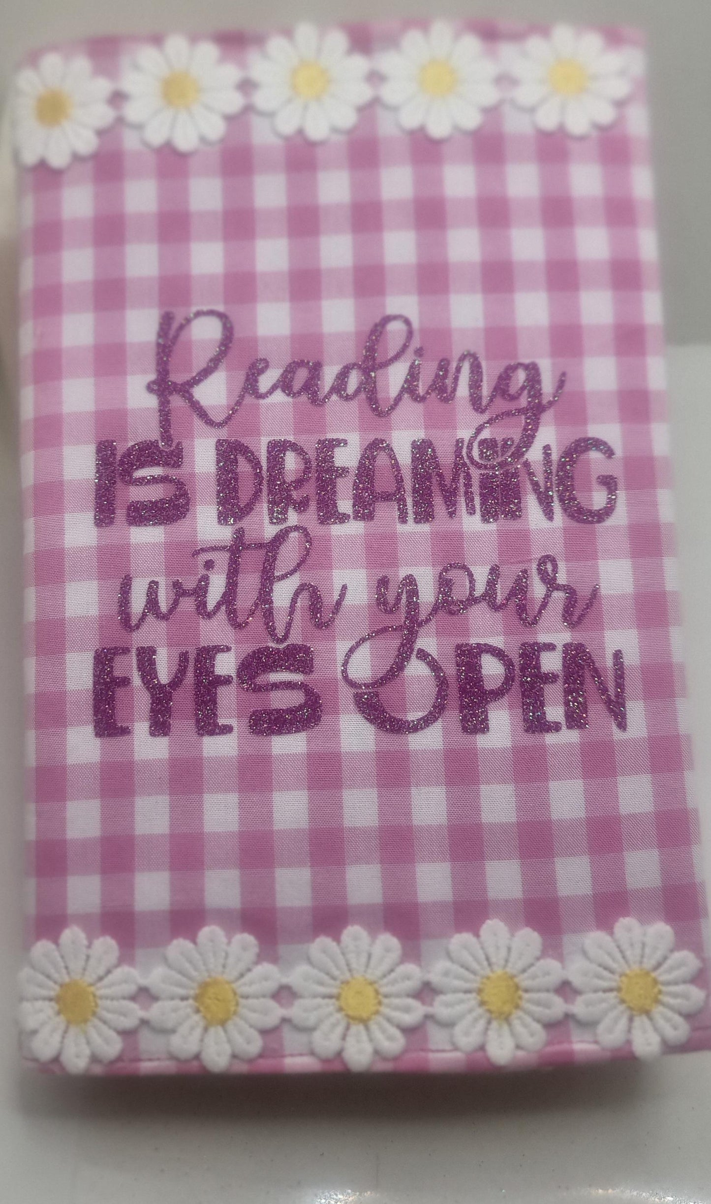 Pink Gingham Book Sleeve with Daisy Trim: Padded Floral Book Cover