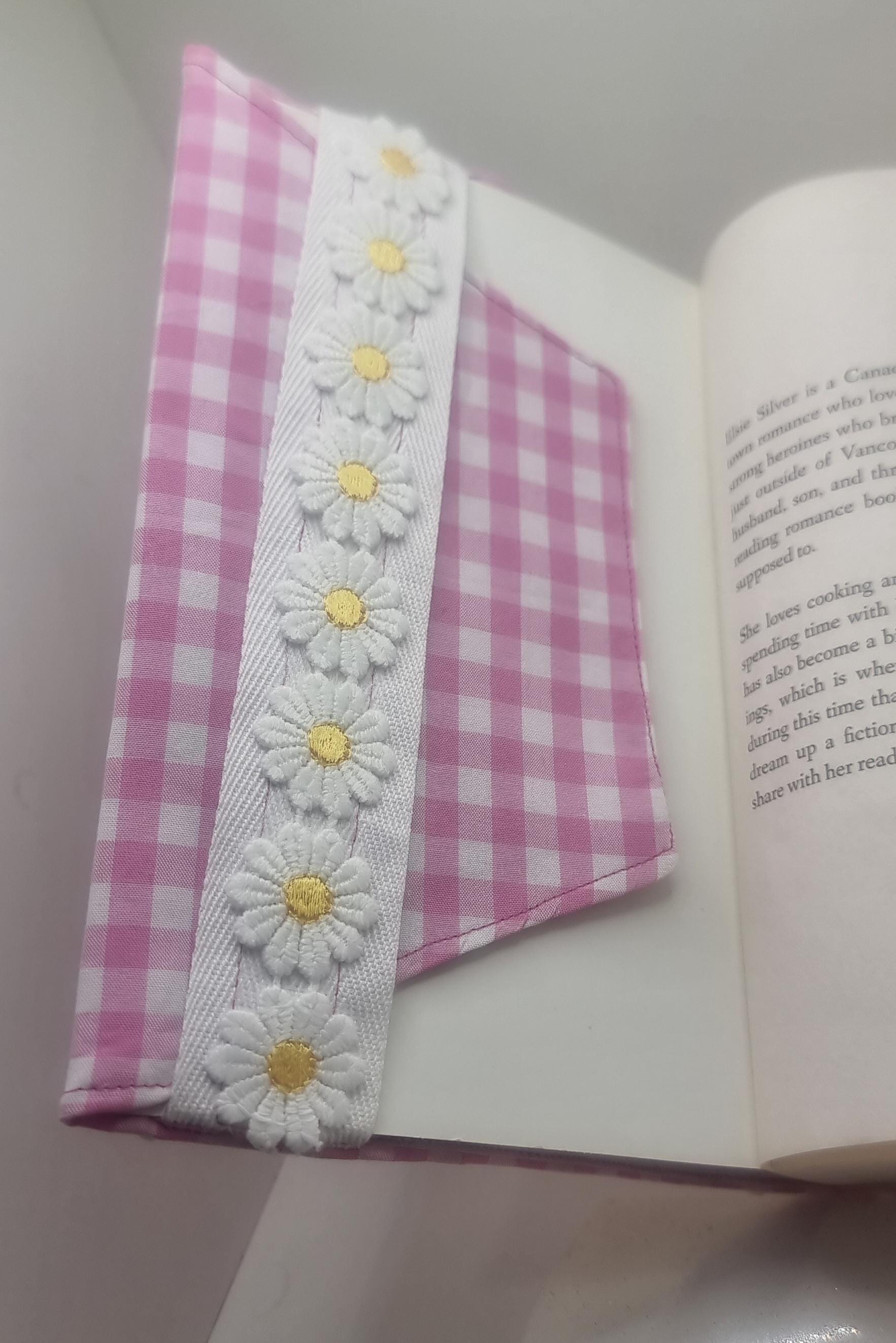 Pink Gingham Book Sleeve with Daisy Trim: Padded Floral Book Cover