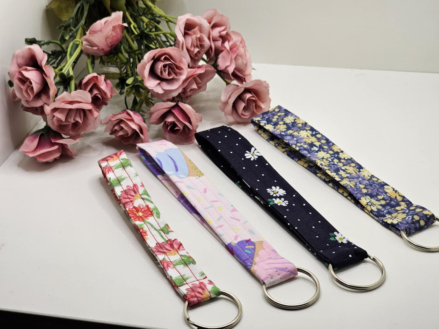 Floral Fabric Wristlet Keychain: Handmade Flower Key Fob Lanyard