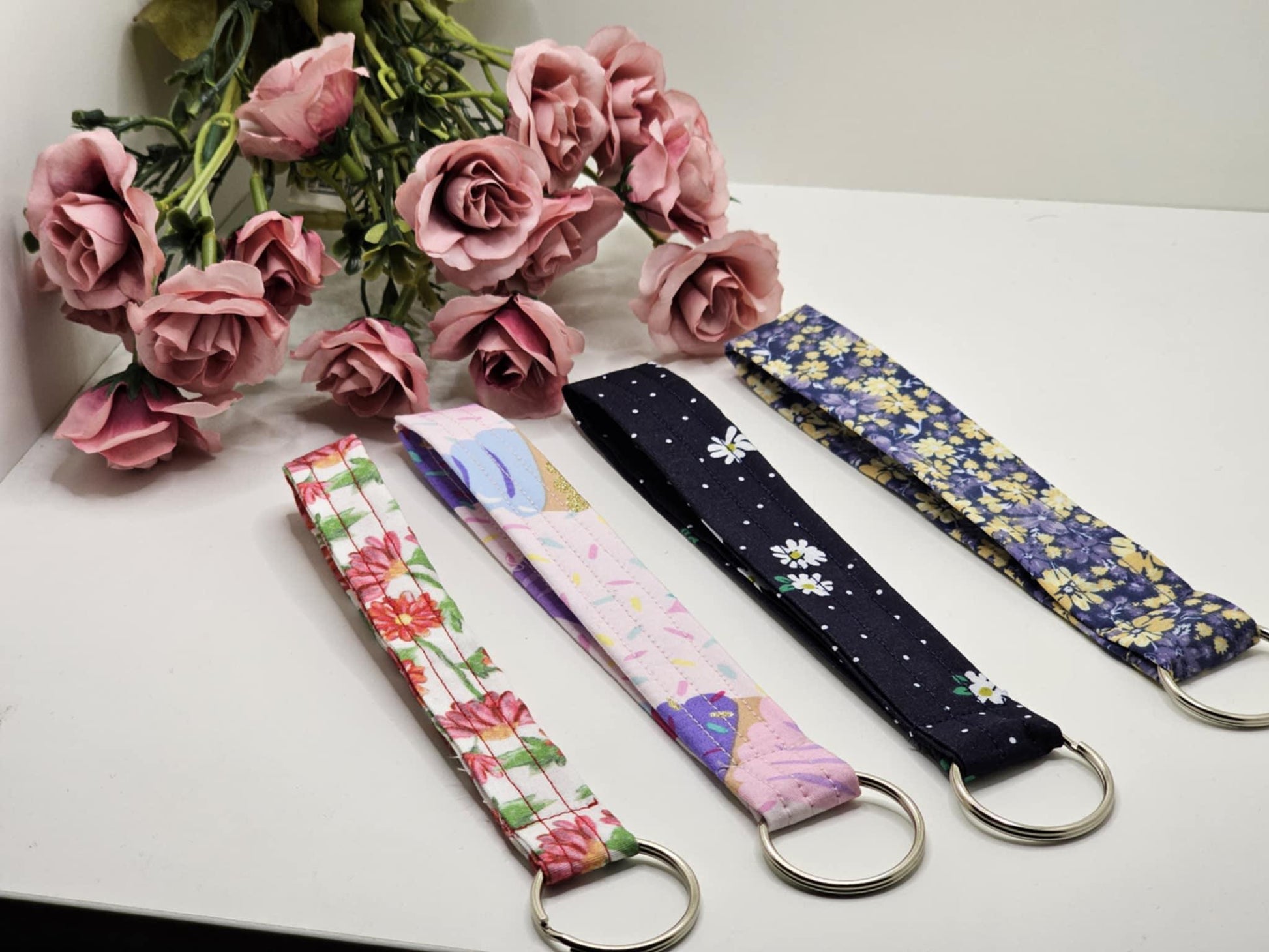 Floral Fabric Wristlet Keychain: Handmade Flower Key Fob Lanyard