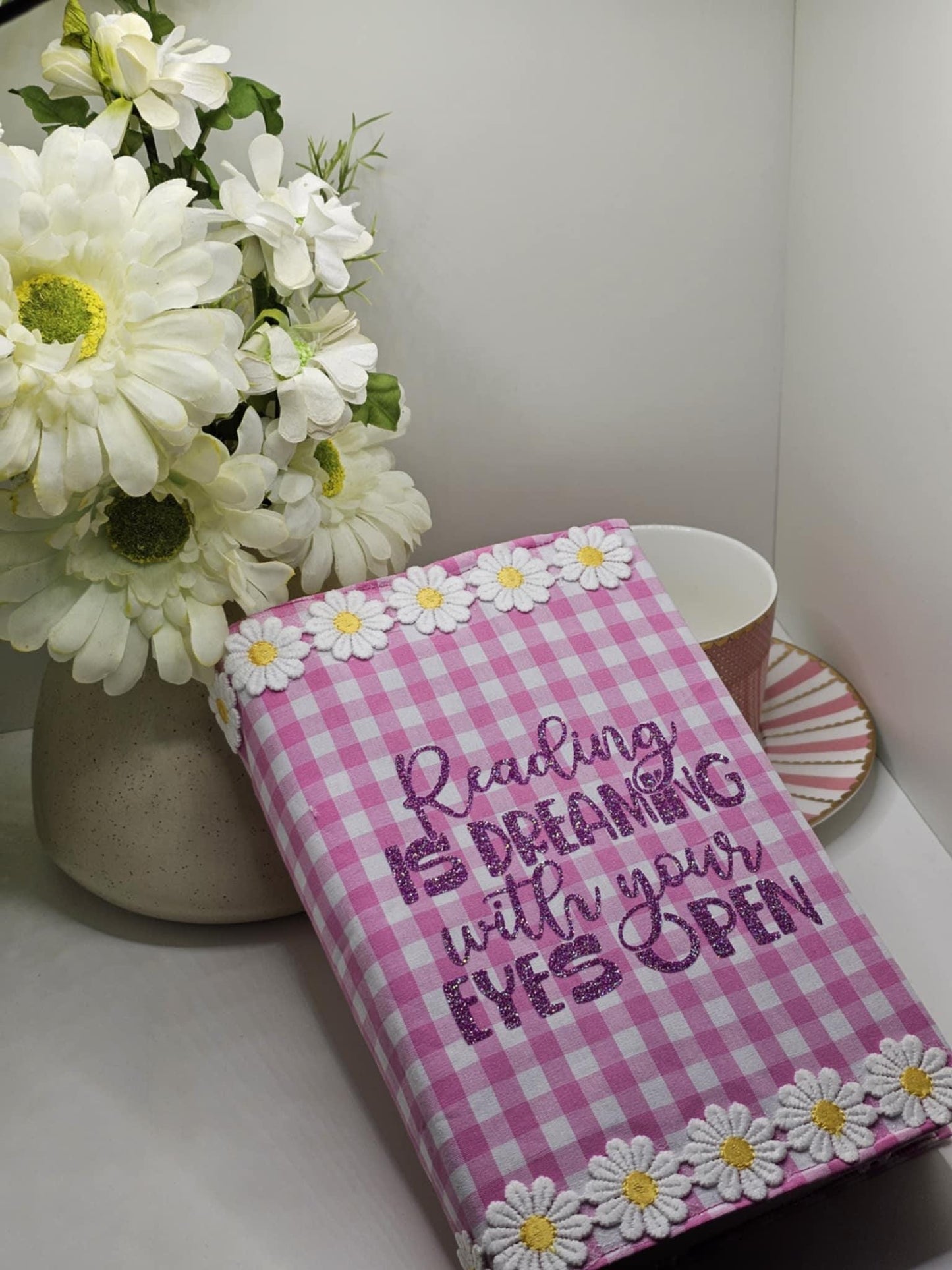 Pink Gingham Book Sleeve with Daisy Trim: Padded Floral Book Cover
