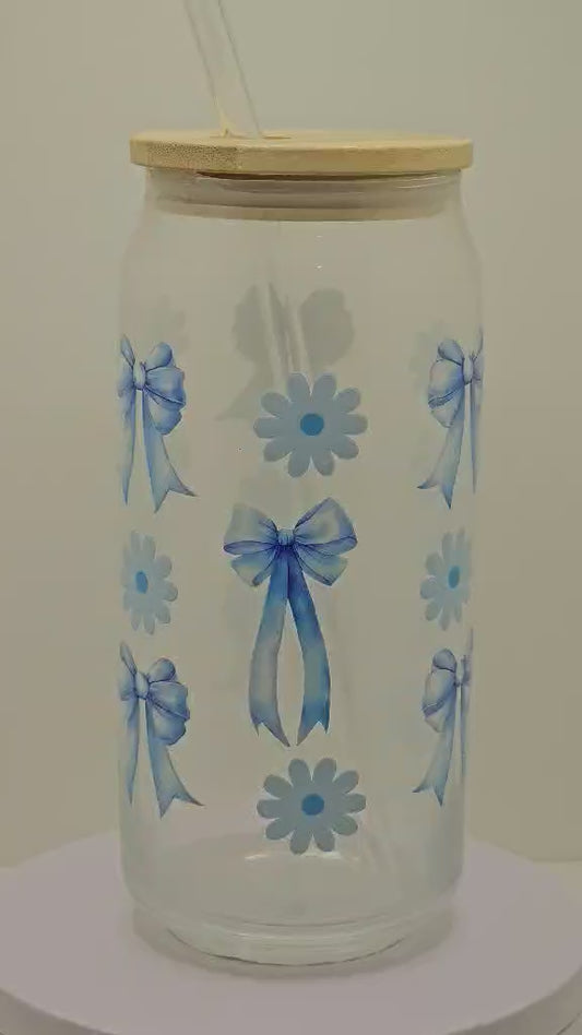 Blue bow glass 16oz tumbler