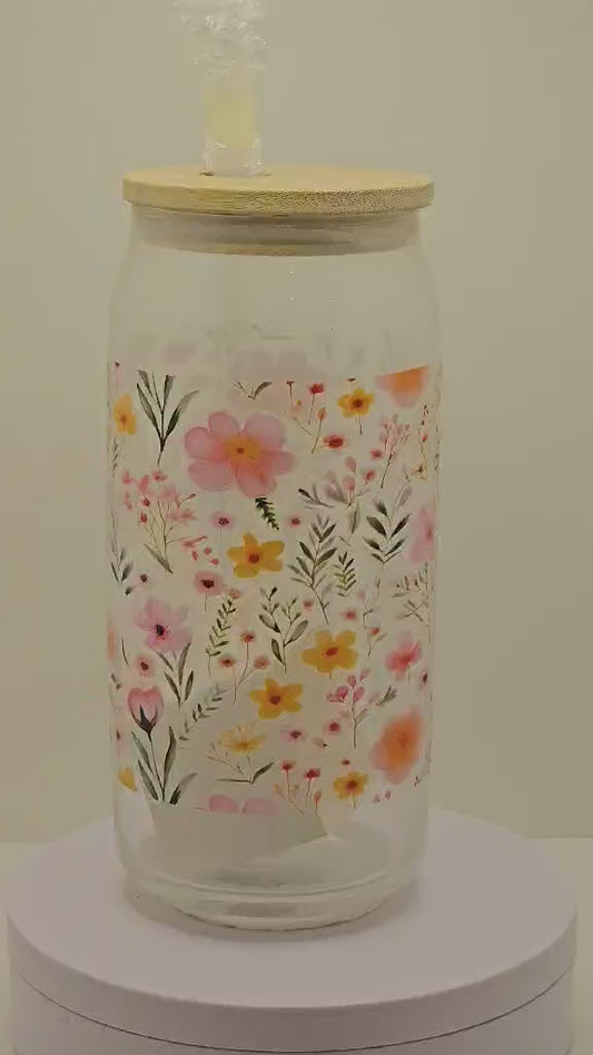 Pink flower 16 oz glass tumber
