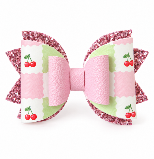 Cherry Glitter Hair Bow Clip | 12 cm Layered Bow for Girls | Handmade