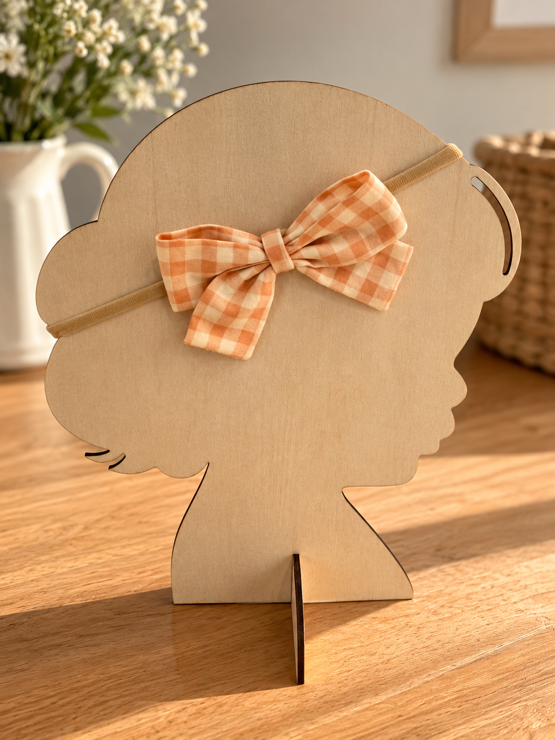 Peach Gingham Bow Headband – Soft Nylon Baby & Toddler Headband